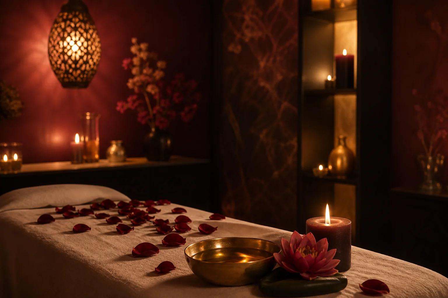 Sala de massagem tântrica com velas, pétalas de rosa e óleo dourado